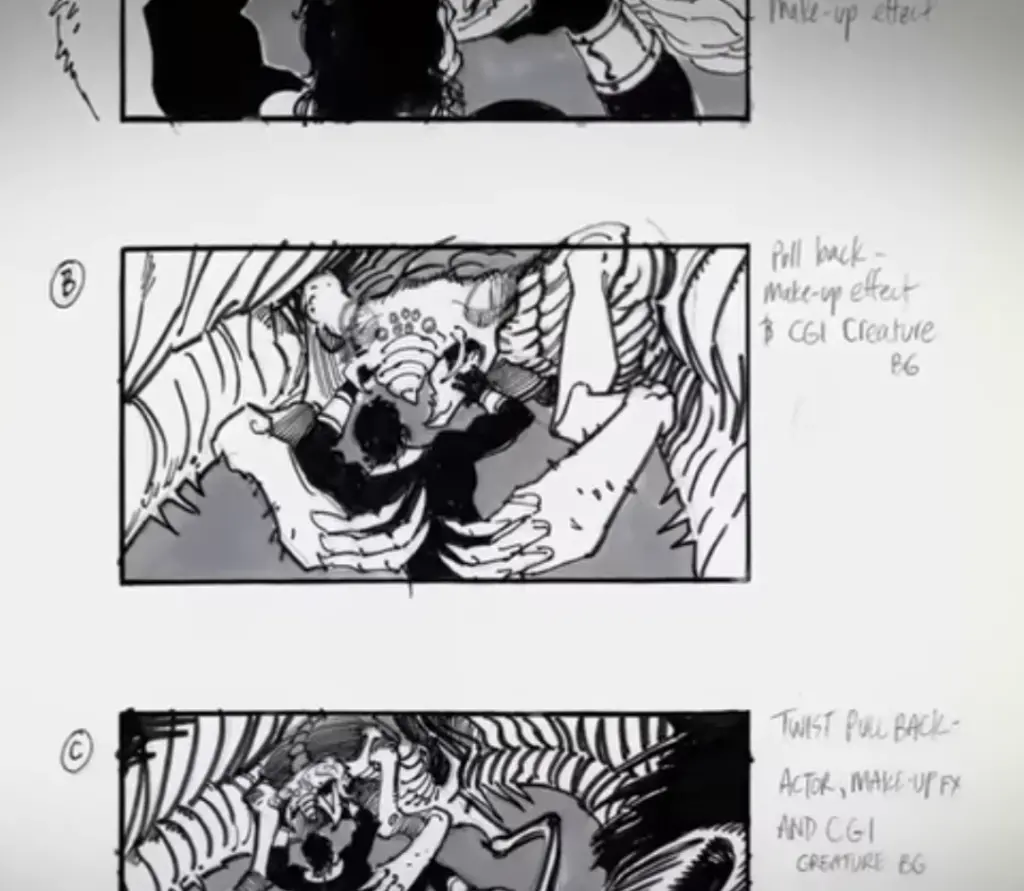 Storyboard de la lucha con la araña gigante en Superman Lives